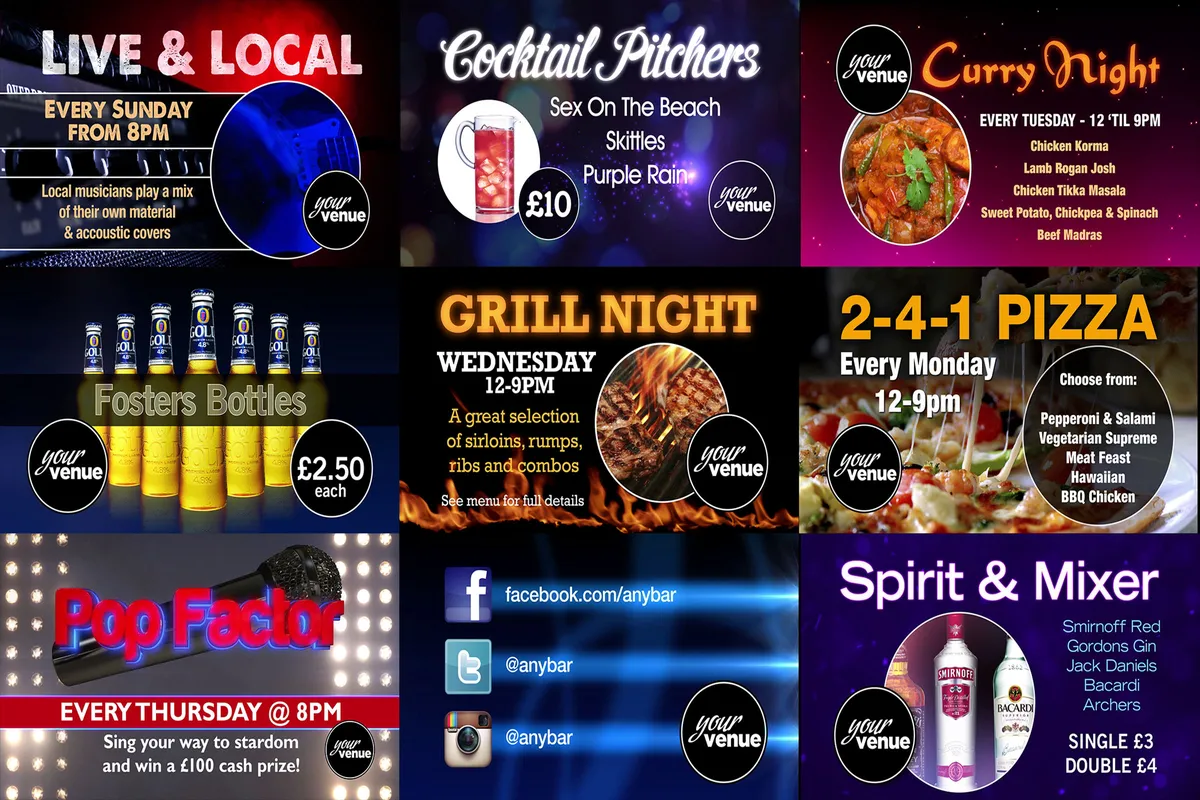 Nine example BeeBox signage screens promoting food, drink offers and events